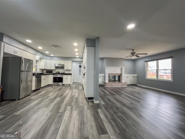 1105 Claxton Dairy Rd, Dublin, GA 31021 - kitchen featuring stainless steel appliances, under cabinet range hood, dark countertops, a ceiling fan, and dark wood finished floors