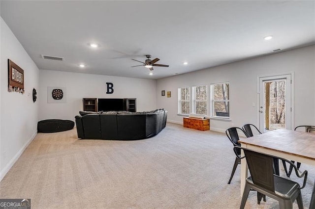 197 Saddleridge Dr, Bremen, GA 30110 - living room with recessed lighting, a ceiling fan, and light colored carpet