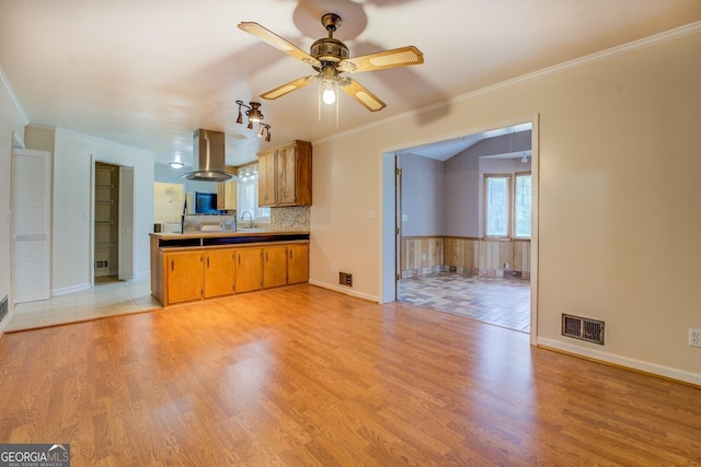 kitchen featuring ceiling fan, visible vents, island exhaust hood, and light wood-type flooring