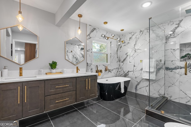 2672 Langland Ct NE, Atlanta, GA 30345 - bathroom featuring a marble finish shower, a soaking tub, double vanity, and marble finish flooring