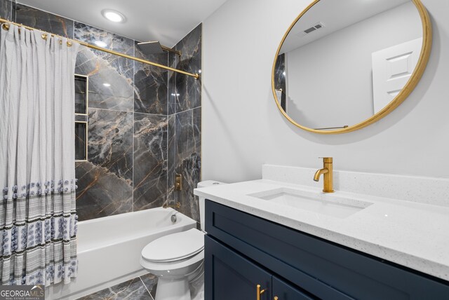 bathroom featuring toilet, visible vents, marble finish floor, shower / bathtub combination with curtain, and vanity