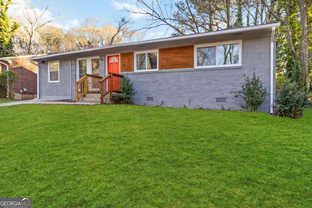 single story home featuring a front lawn, crawl space, and brick siding