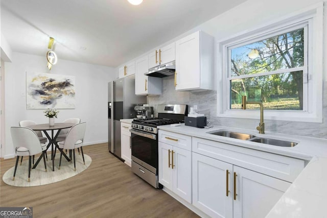 kitchen with white cabinets, stainless steel appliances, tasteful backsplash, under cabinet range hood, and a sink
