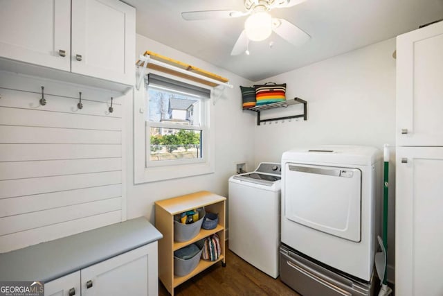 clothes washing area featuring cabinet space, dark wood-style flooring, separate washer and dryer, and ceiling fan