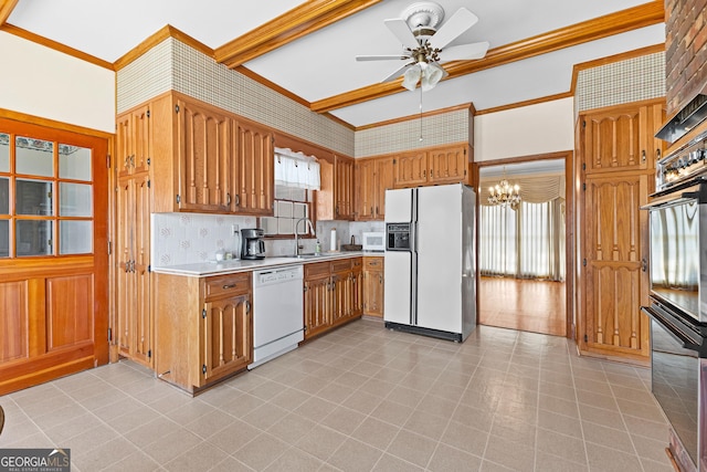 9095 Cedar Grove Rd, Fairburn, GA 30213 - kitchen featuring light countertops, beamed ceiling, white appliances, ornamental molding, and ceiling fan with notable chandelier