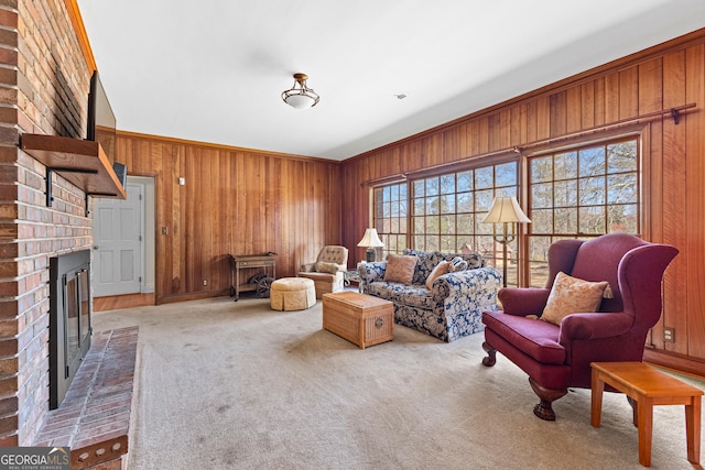 9095 Cedar Grove Rd, Fairburn, GA 30213 - carpeted living room featuring wood walls, a healthy amount of sunlight, and a fireplace