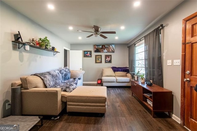 living room with a ceiling fan, dark wood-type flooring, baseboards, and recessed lighting
