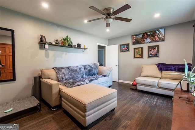 living area featuring dark wood-style flooring, recessed lighting, baseboards, and ceiling fan