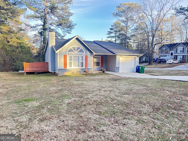 1952 Marbut Forest Dr, Lithonia, GA 30058 - view of front of house featuring a front lawn, a chimney, a deck, and a garage
