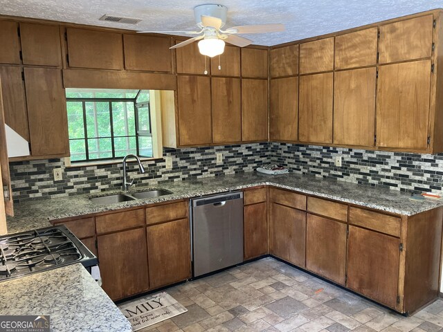 1288 Lakewood Dr NE, Conyers, GA 30013 - kitchen featuring black range with gas cooktop, a ceiling fan, visible vents, dishwasher, and a sink