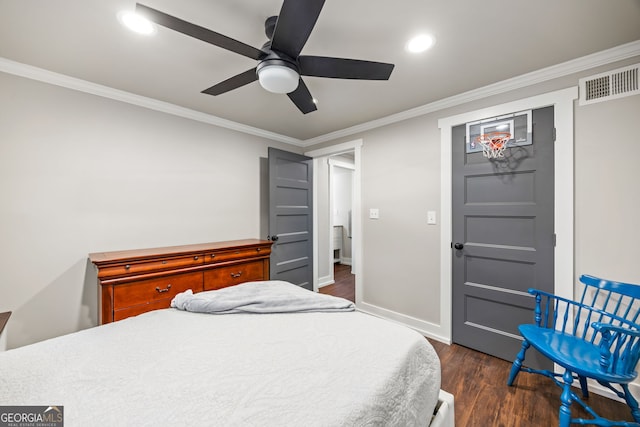 bedroom featuring dark wood-style floors, visible vents, crown molding, and recessed lighting