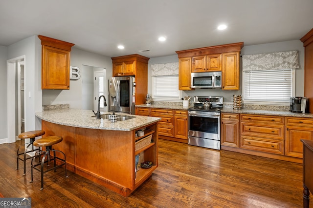 kitchen featuring a peninsula, appliances with stainless steel finishes, dark wood-type flooring, a sink, and light stone counters