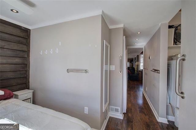 bedroom featuring wood finished floors, baseboards, ornamental molding, and recessed lighting