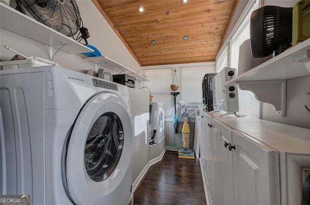 clothes washing area featuring wooden ceiling, washer and dryer, dark wood-type flooring, recessed lighting, and cabinet space