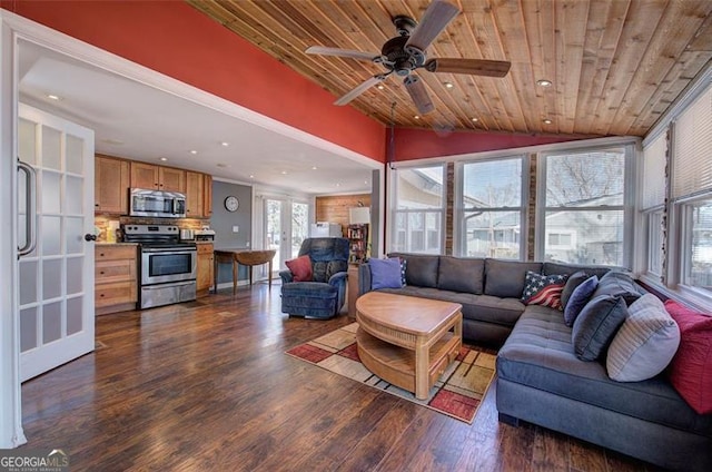 living room with dark wood-style flooring, lofted ceiling, wood ceiling, a ceiling fan, and recessed lighting
