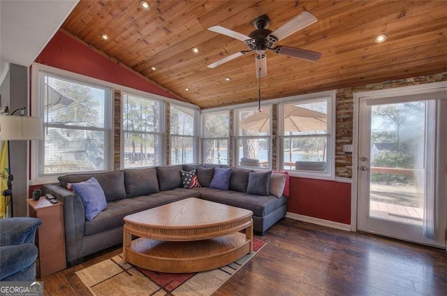 living area with wooden ceiling, vaulted ceiling, a ceiling fan, wood finished floors, and baseboards