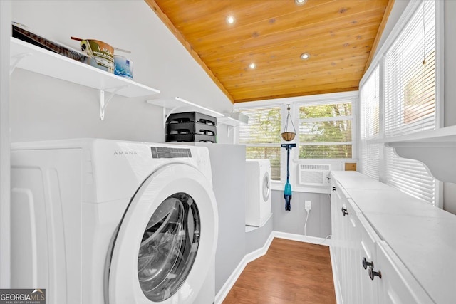 laundry area featuring cabinet space, wooden ceiling, recessed lighting, wood finished floors, and baseboards