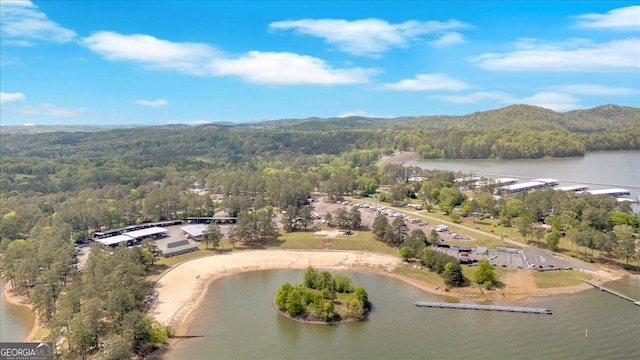aerial view of a heavily wooded area and a water and mountain view