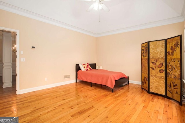 4236 Providence Ln, Tucker, GA 30084 - bedroom featuring light wood finished floors, baseboards, visible vents, ceiling fan, and ornamental molding