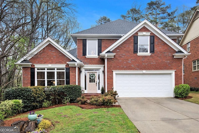 4236 Providence Ln, Tucker, GA 30084 - traditional home with an attached garage, concrete driveway, a front yard, brick siding, and roof with shingles