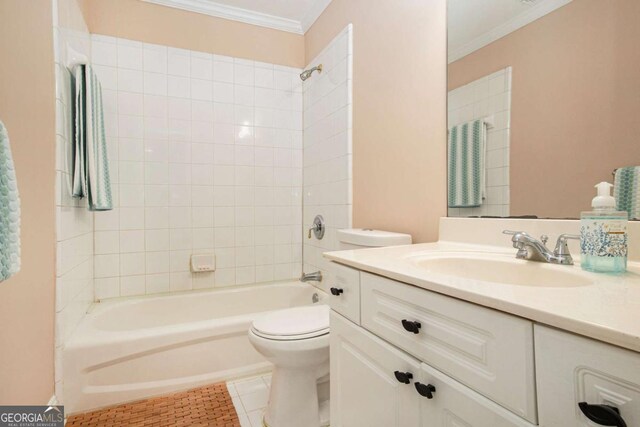 4236 Providence Ln, Tucker, GA 30084 - bathroom with tub / shower combination, crown molding, toilet, tile patterned floors, and vanity