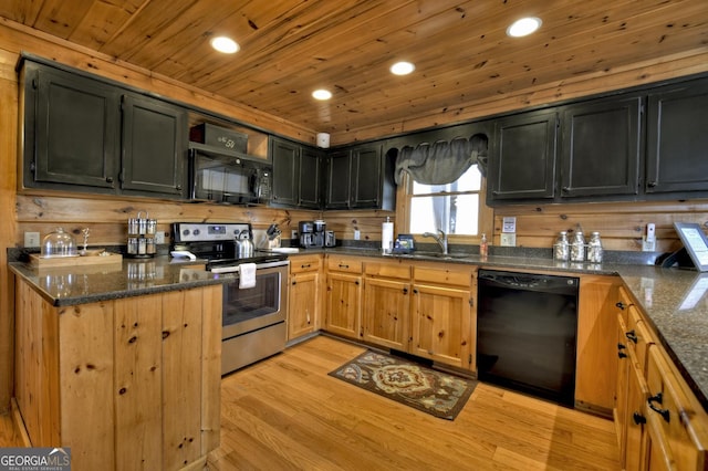 kitchen featuring recessed lighting, wood ceiling, a sink, light wood-style flooring, and black appliances