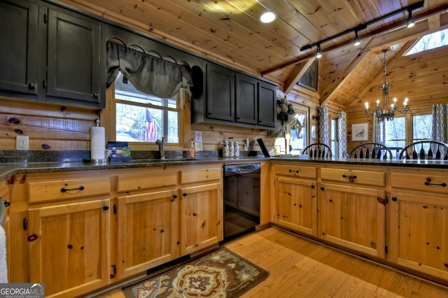 kitchen featuring dishwasher, wooden ceiling, an inviting chandelier, and a wealth of natural light