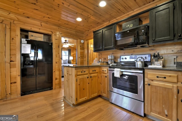 kitchen with light wood-type flooring, wooden ceiling, dark countertops, a peninsula, and black appliances