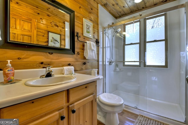 full bathroom with a shower stall, wooden walls, and toilet
