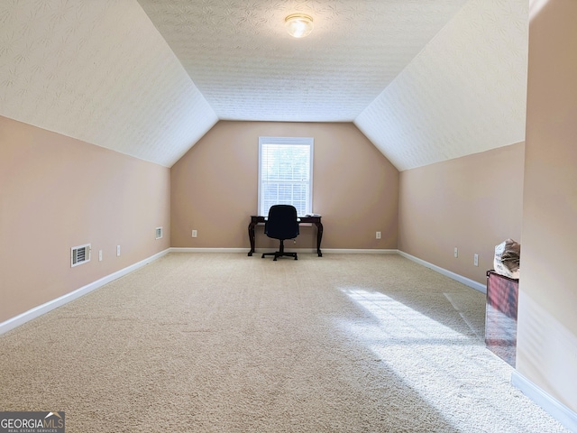 additional living space featuring carpet, baseboards, vaulted ceiling, and a textured ceiling