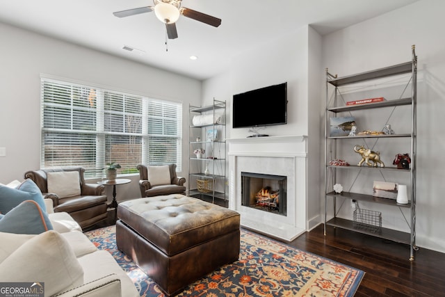 5726 Taylor Way, Sandy Springs, GA 30342 - living area featuring ceiling fan, hardwood / wood-style floors, a high end fireplace, and recessed lighting