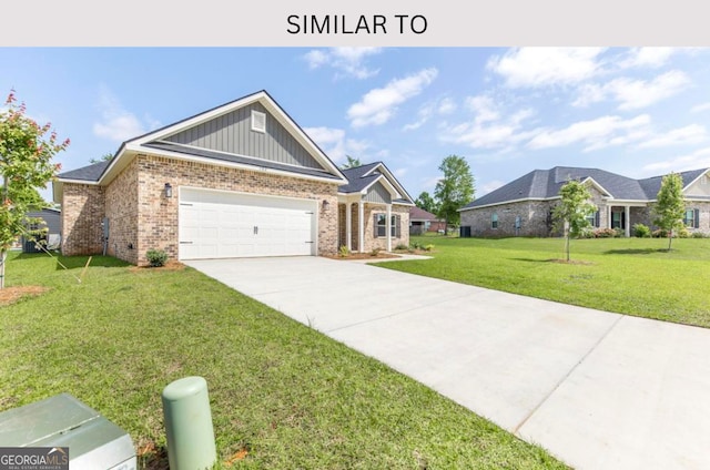 107 Tilden Way, Perry, GA 31069 - view of front of house featuring brick siding, a front lawn, concrete driveway, an attached garage, and board and batten siding