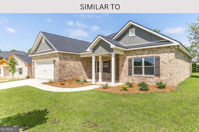 107 Tilden Way, Perry, GA 31069 - craftsman-style home with brick siding, a front yard, board and batten siding, a garage, and concrete driveway