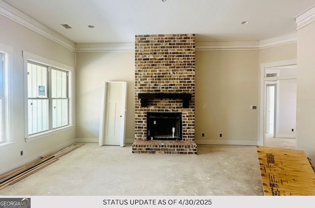 107 Tilden Way, Perry, GA 31069 - unfurnished living room with ornamental molding, a fireplace, and baseboards
