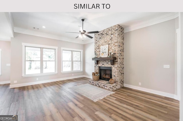 107 Tilden Way, Perry, GA 31069 - unfurnished living room featuring ornamental molding, ceiling fan, wood finished floors, a brick fireplace, and recessed lighting