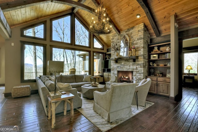 living room featuring a stone fireplace, wooden ceiling, and dark wood finished floors