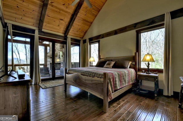 bedroom featuring multiple windows, access to exterior, wood ceiling, and dark wood-type flooring