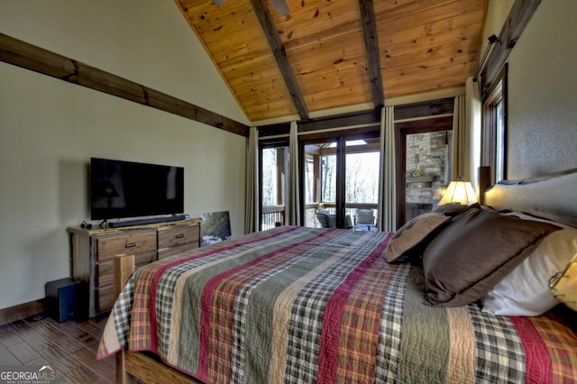 bedroom featuring high vaulted ceiling, wooden ceiling, wood finished floors, baseboards, and beamed ceiling
