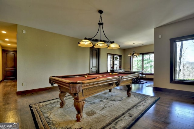 recreation room featuring baseboards, pool table, wood finished floors, and recessed lighting