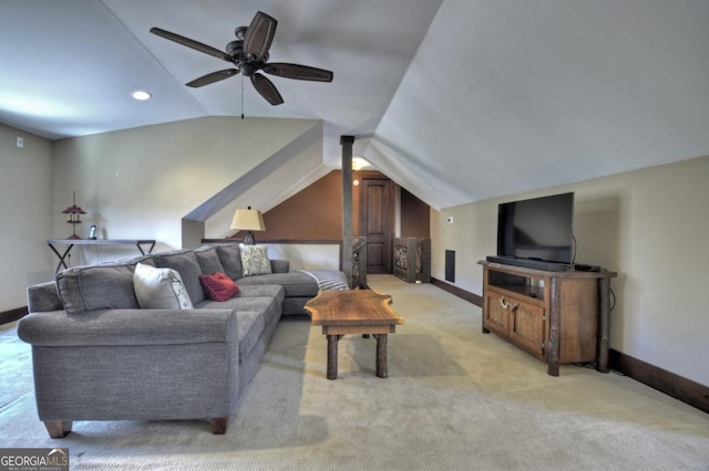 living room with lofted ceiling, light colored carpet, recessed lighting, baseboards, and a ceiling fan