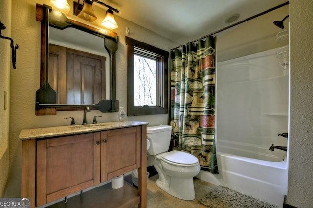 bathroom featuring tile patterned flooring, vanity, shower / tub combo with curtain, toilet, and a textured wall