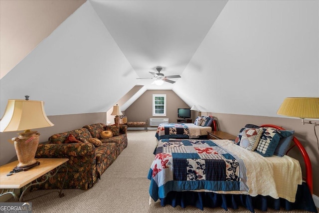 carpeted bedroom featuring a wall mounted air conditioner, ceiling fan, and lofted ceiling