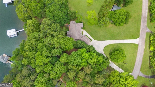 bird's eye view with a water view