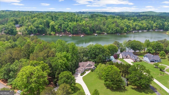 drone / aerial view featuring a water view and a wooded view