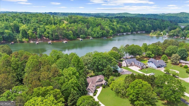 drone / aerial view featuring a view of trees and a water view