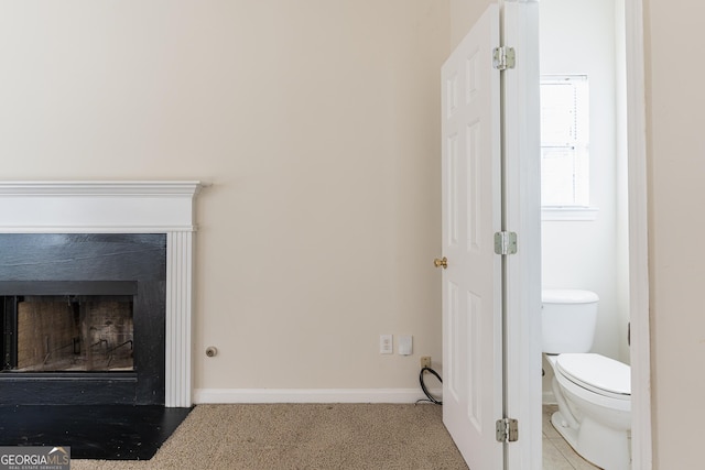 interior space featuring toilet, baseboards, and a fireplace
