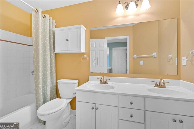 2445 Ridgelake Dr, Villa Rica, GA 30180 - full bath featuring double vanity, shower / bathtub combination with curtain, and tile patterned flooring