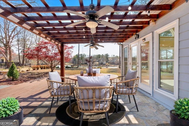 2445 Ridgelake Dr, Villa Rica, GA 30180 - view of patio / terrace with a pergola, outdoor dining area, and a ceiling fan
