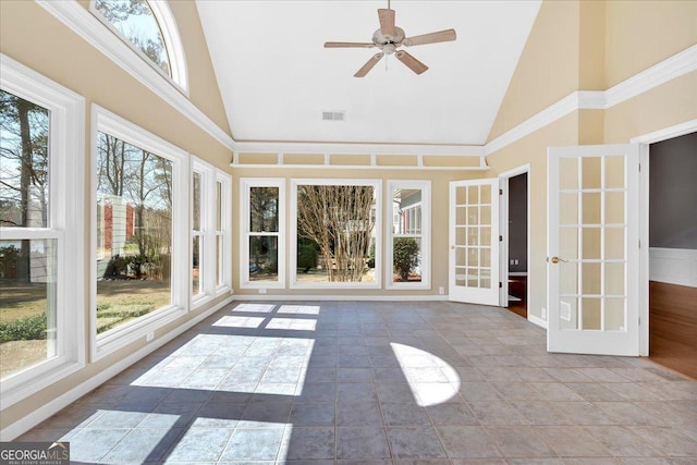 2445 Ridgelake Dr, Villa Rica, GA 30180 - unfurnished sunroom with high vaulted ceiling, french doors, and tile patterned flooring
