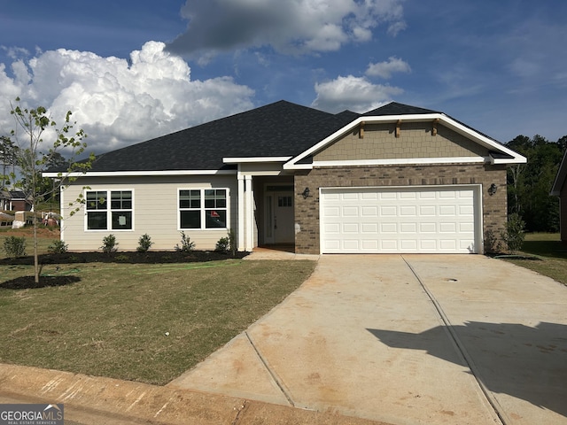ranch-style house featuring a garage, a shingled roof, and driveway